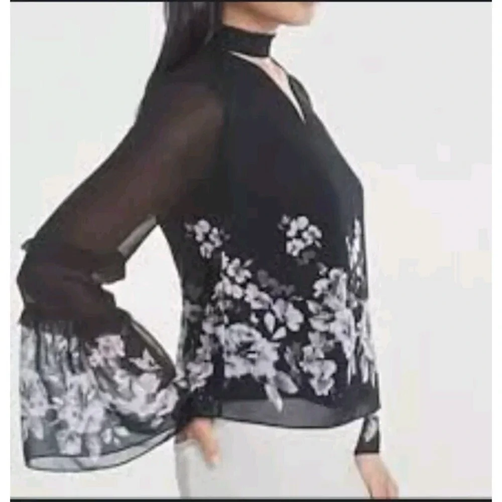 White House Black Market WHBM sz 2 Black Floral Choker Neck Blouse Top Career #6 - Picture 2 of 10